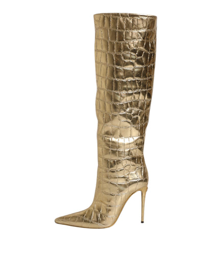 Dolce &amp; Gabbana Gold Leder Stiletto Heels Hohe Stiefel Schuhe