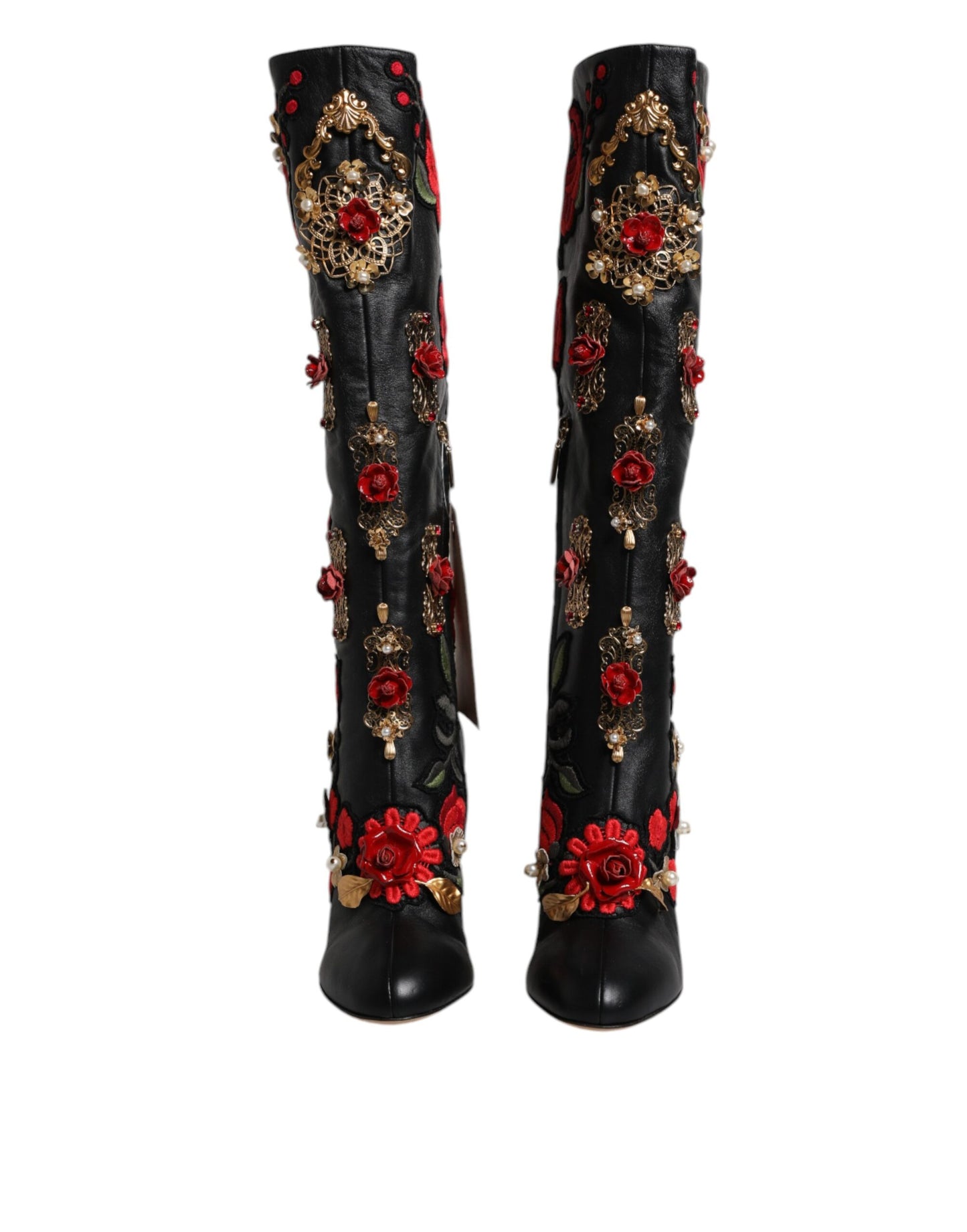 Dolce &amp; Gabbana Schwarze Rosen verzierte Lederstiefel mit Absatz