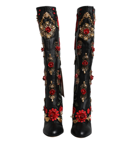 Dolce &amp; Gabbana Schwarze Rosen verzierte Lederstiefel mit Absatz