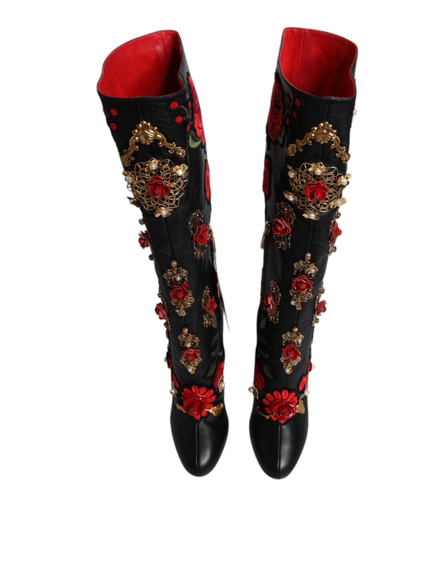 Dolce &amp; Gabbana Schwarze Rosen verzierte Lederstiefel mit Absatz
