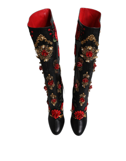Dolce &amp; Gabbana Schwarze Rosen verzierte Lederstiefel mit Absatz