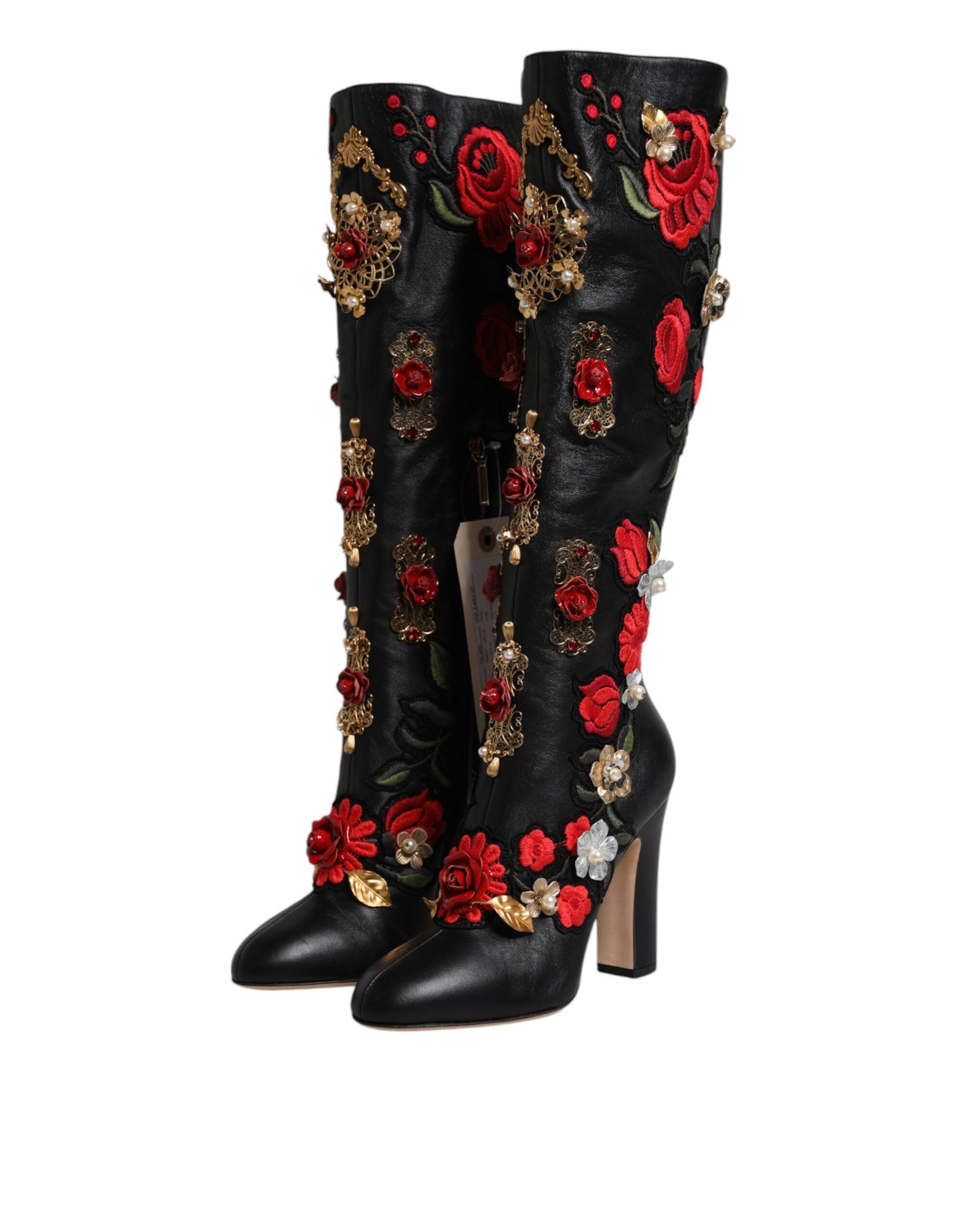 Dolce &amp; Gabbana Schwarze Rosen verzierte Lederstiefel mit Absatz