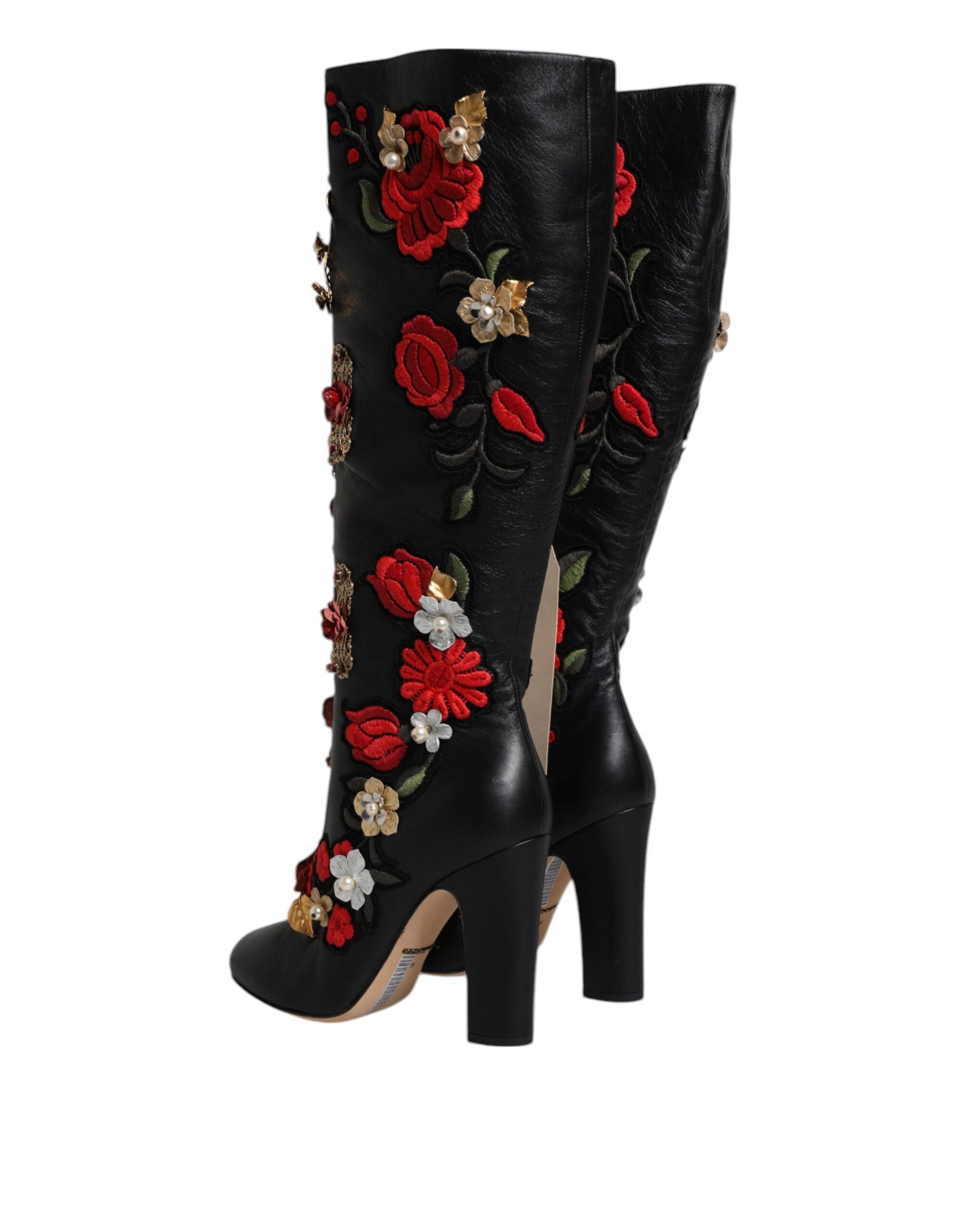 Dolce &amp; Gabbana Schwarze Rosen verzierte Lederstiefel mit Absatz