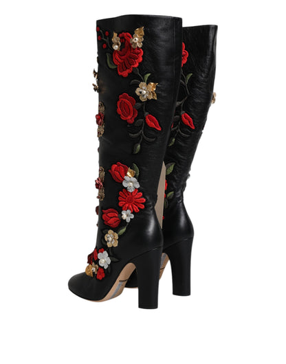 Dolce &amp; Gabbana Schwarze Rosen verzierte Lederstiefel mit Absatz