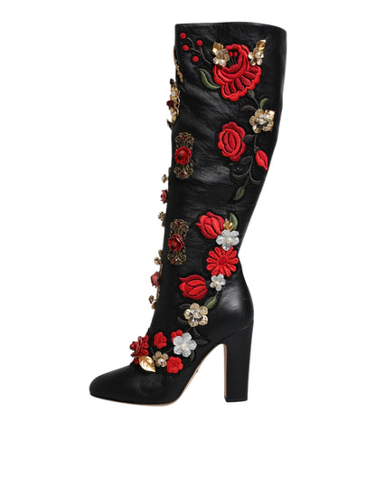 Dolce &amp; Gabbana Schwarze Rosen verzierte Lederstiefel mit Absatz