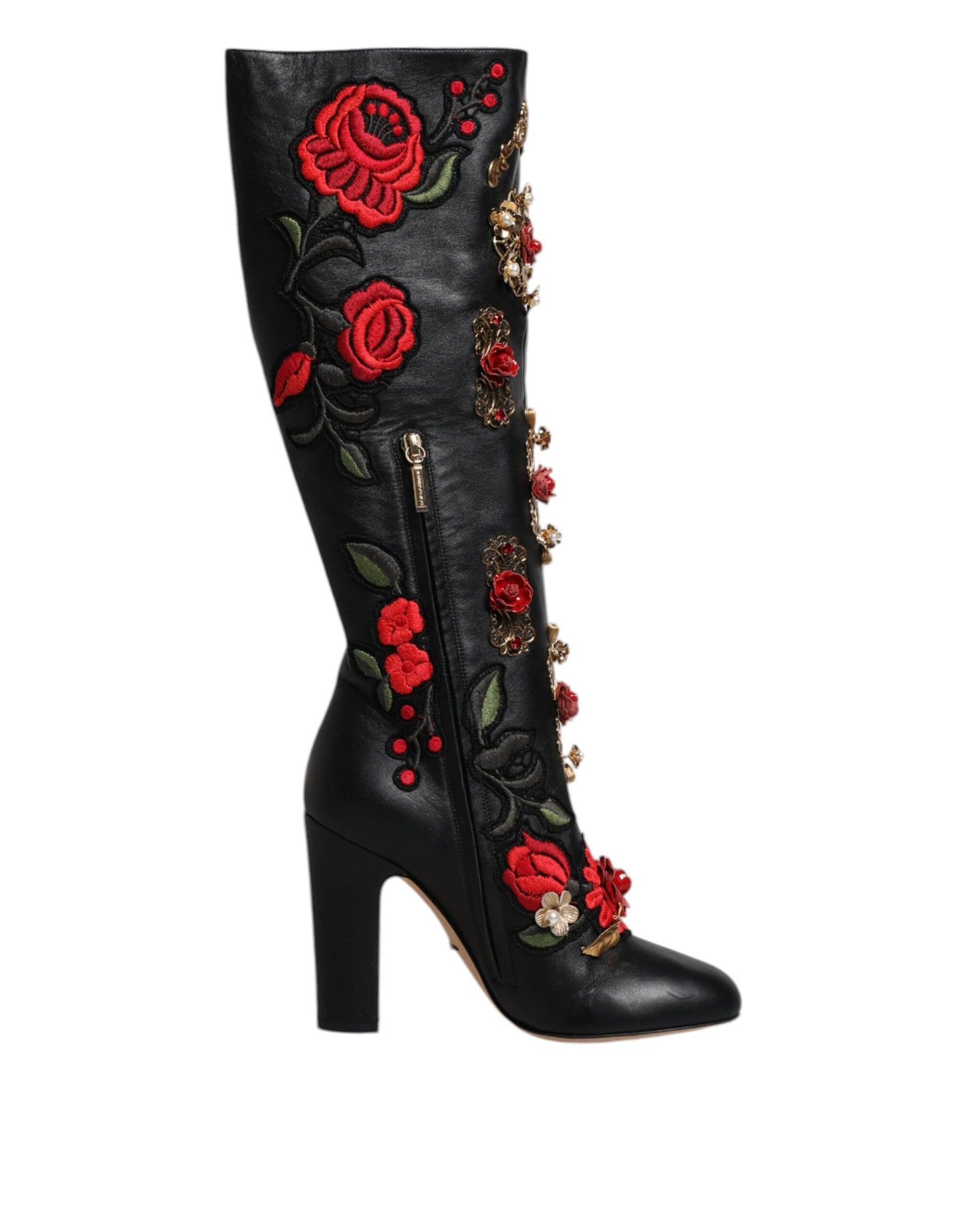 Dolce &amp; Gabbana Schwarze Rosen verzierte Lederstiefel mit Absatz