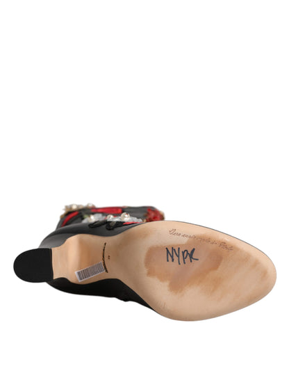 Dolce &amp; Gabbana Schwarze Rosen verzierte Lederstiefel mit Absatz