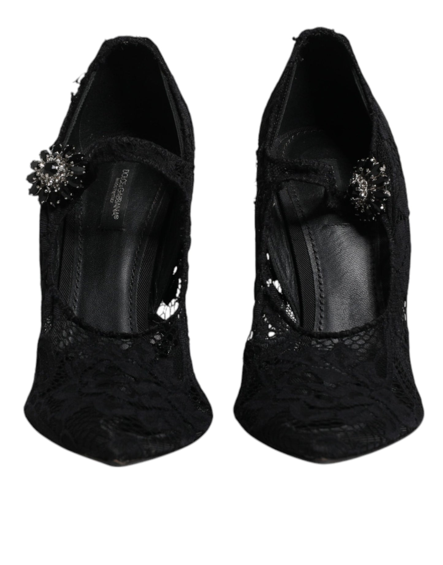 Dolce &amp; Gabbana – Mary-Jane-Pumps mit schwarzer Spitze und Kristallen