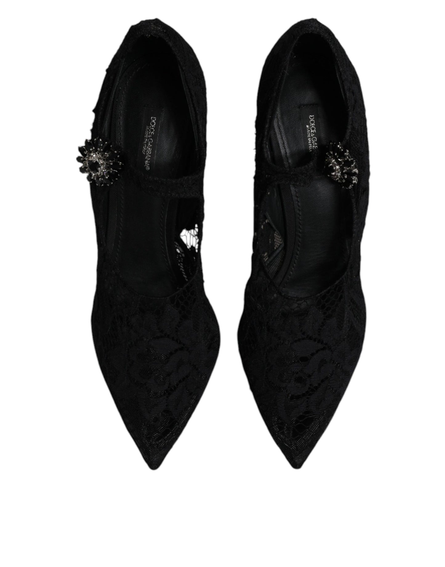 Dolce &amp; Gabbana – Mary-Jane-Pumps mit schwarzer Spitze und Kristallen