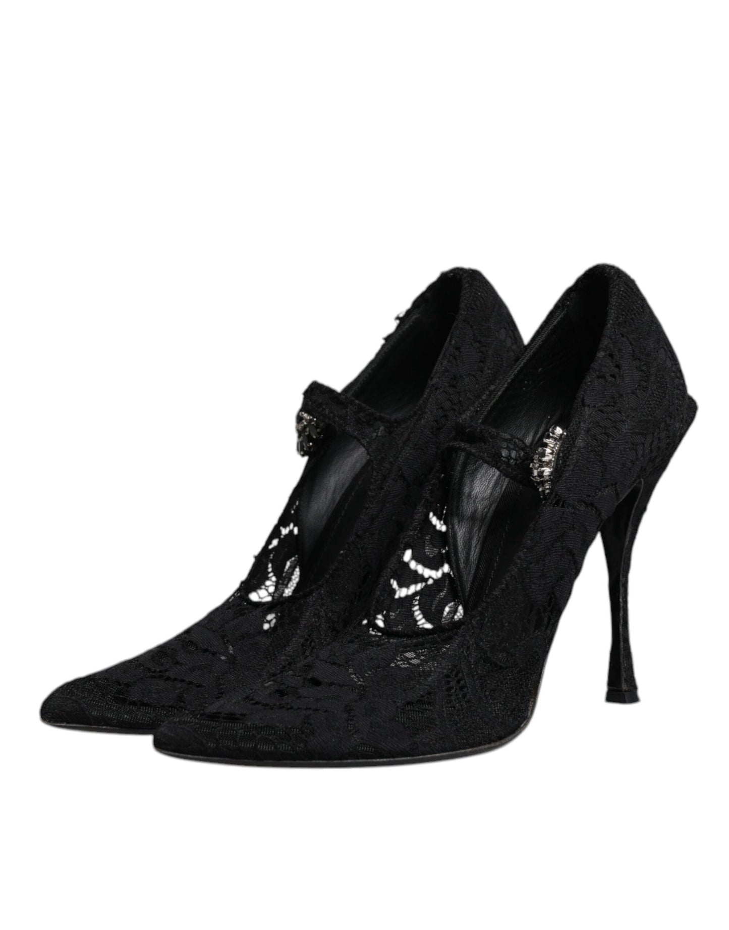 Dolce &amp; Gabbana – Mary-Jane-Pumps mit schwarzer Spitze und Kristallen
