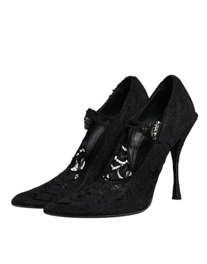 Dolce &amp; Gabbana – Mary-Jane-Pumps mit schwarzer Spitze und Kristallen