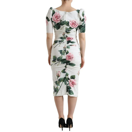 Dolce &amp; Gabbana – Plissiertes Kleid aus Stretch-Seide mit weißem Rosenprint