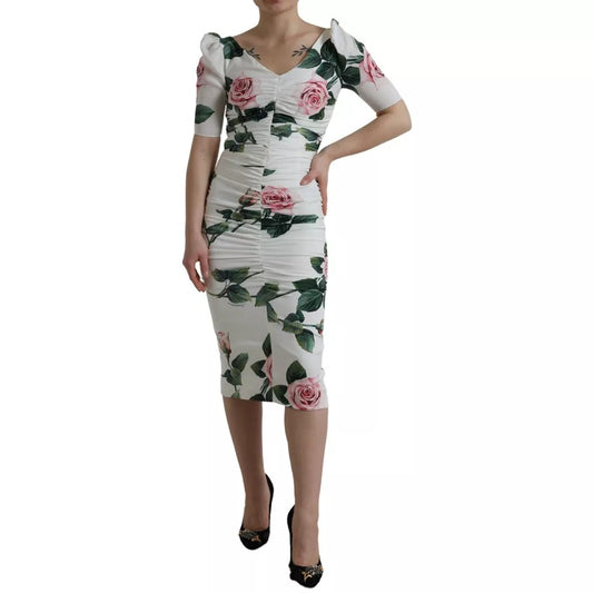 Dolce &amp; Gabbana – Plissiertes Kleid aus Stretch-Seide mit weißem Rosenprint