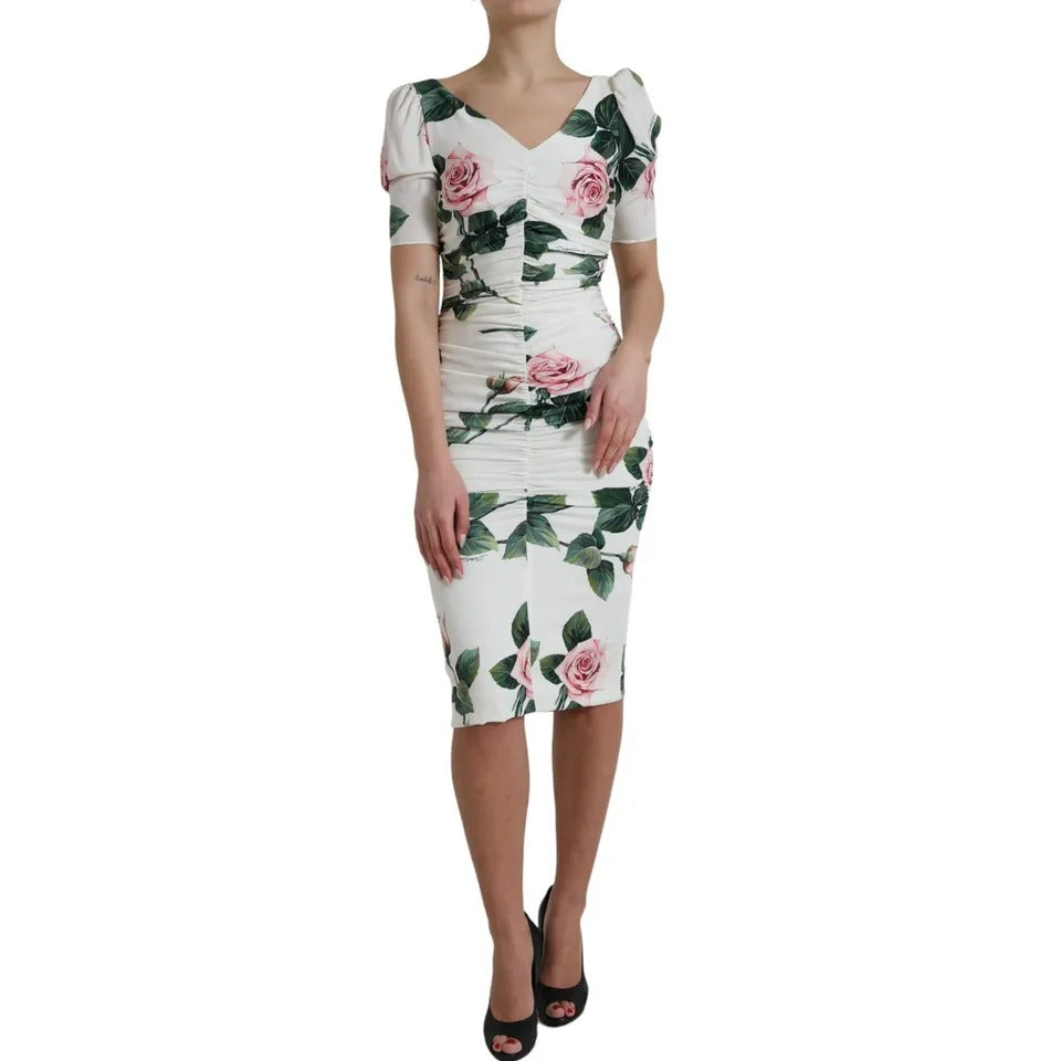Dolce &amp; Gabbana – Plissiertes Kleid aus Stretch-Seide mit weißem Rosenprint