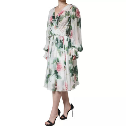 Dolce &amp; Gabbana – Weißes Midikleid aus Seide mit Blumenmuster in A-Linie