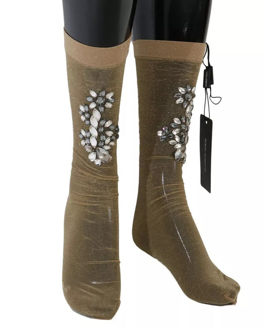 Dolce & Gabbana – Strümpfe mit goldenem Stretch und Blumenmuster und durchsichtigem Kristall