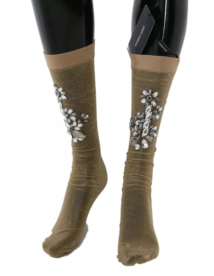 Dolce &amp; Gabbana – Strümpfe mit goldenem Stretch und Blumenmuster und durchsichtigem Kristall