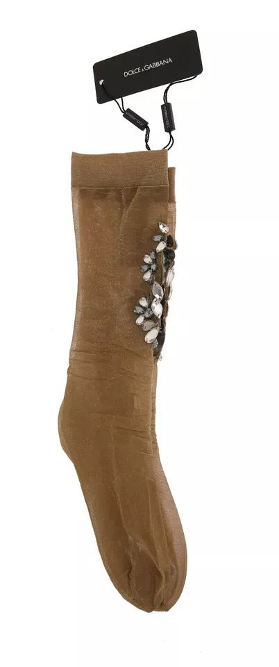 Dolce &amp; Gabbana – Strümpfe mit goldenem Stretch und Blumenmuster und durchsichtigem Kristall