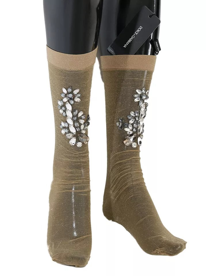 Dolce &amp; Gabbana – Strümpfe mit goldenem Stretch und Blumenmuster und durchsichtigem Kristall