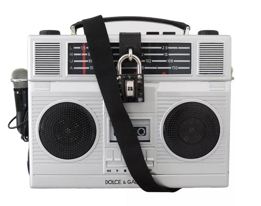 Dolce & Gabbana Silberne Retro-Radio-Boombox, limitierte Auflage, handgefertigte Holztasche