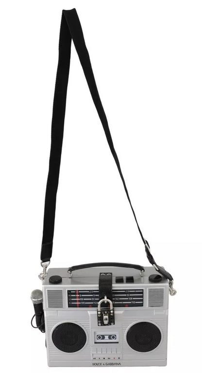 Dolce &amp; Gabbana Silberne Retro-Radio-Boombox, limitierte Auflage, handgefertigte Holztasche