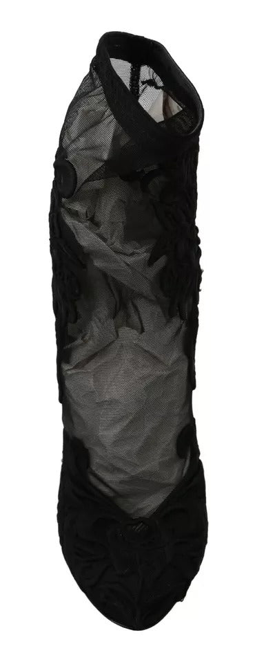 Dolce &amp; Gabbana – Schwarze Stiefeletten aus Stretch-Tüll mit Blumenmuster