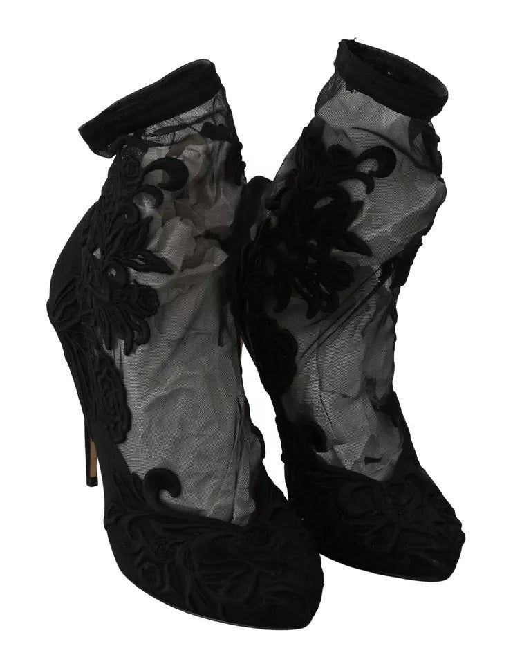 Dolce &amp; Gabbana – Schwarze Stiefeletten aus Stretch-Tüll mit Blumenmuster