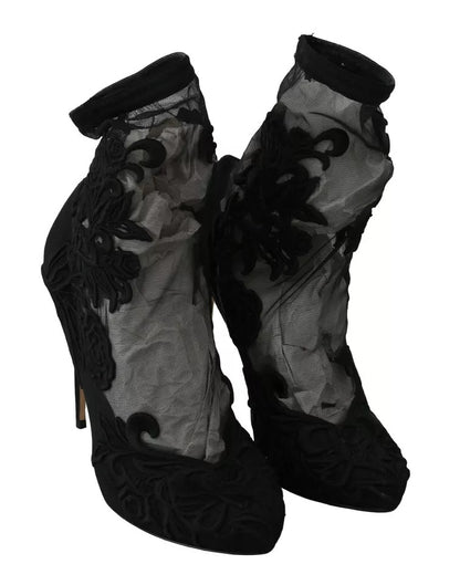 Dolce &amp; Gabbana – Schwarze Stiefeletten aus Stretch-Tüll mit Blumenmuster