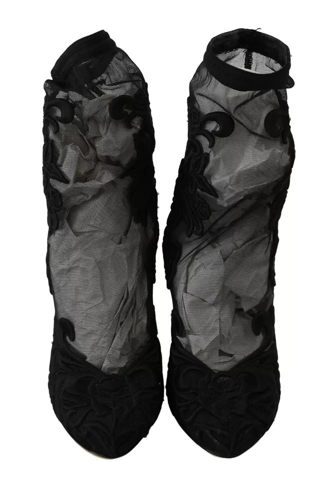 Dolce &amp; Gabbana – Schwarze Stiefeletten aus Stretch-Tüll mit Blumenmuster