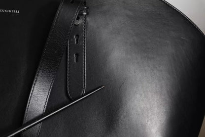 Brunello Cucinelli – Einkaufstasche mit Schulterriemen aus schwarzem Leder mit Logo