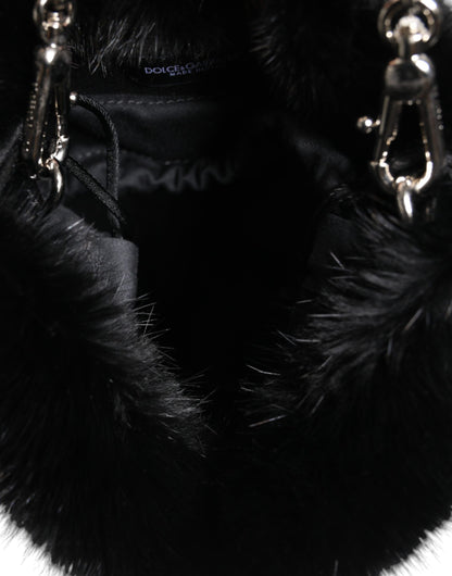 Dolce &amp; Gabbana – Umhängetasche mit silberner Kette und Kunstfell in Schwarz