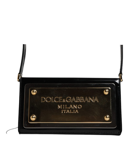 Dolce &amp; Gabbana – Umhängetasche aus schwarzem Lackleder mit Logo-Schild