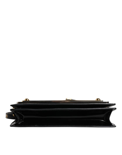 Dolce &amp; Gabbana – Umhängetasche aus schwarzem Lackleder mit Logo-Schild