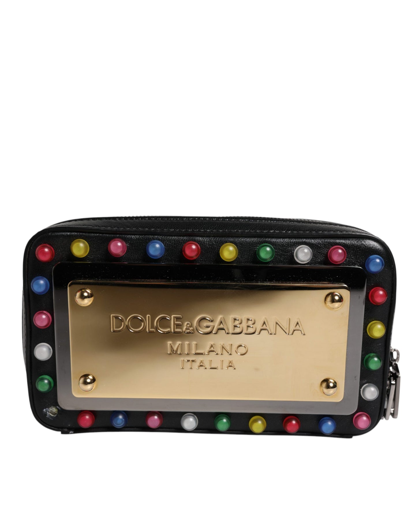 Dolce &amp; Gabbana Clutch aus schwarzem Leder mit LED-Logo und Handgelenksriemen