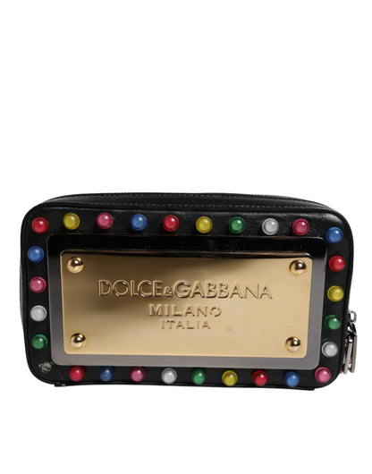 Dolce &amp; Gabbana Clutch aus schwarzem Leder mit LED-Logo und Handgelenksriemen
