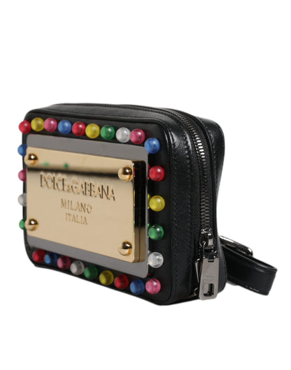 Dolce &amp; Gabbana Clutch aus schwarzem Leder mit LED-Logo und Handgelenksriemen