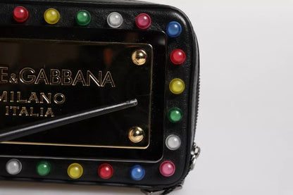 Dolce &amp; Gabbana Clutch aus schwarzem Leder mit LED-Logo und Handgelenksriemen