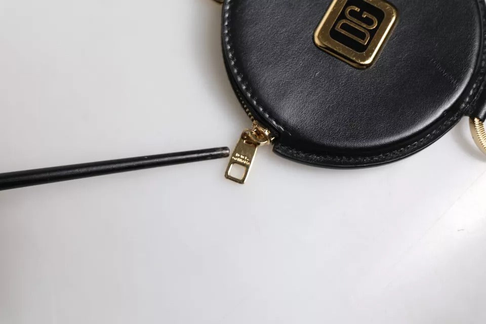 Dolce &amp; Gabbana – Schwarzes rundes Leder-Geldbörse mit DG-Logo und Schlüsselband