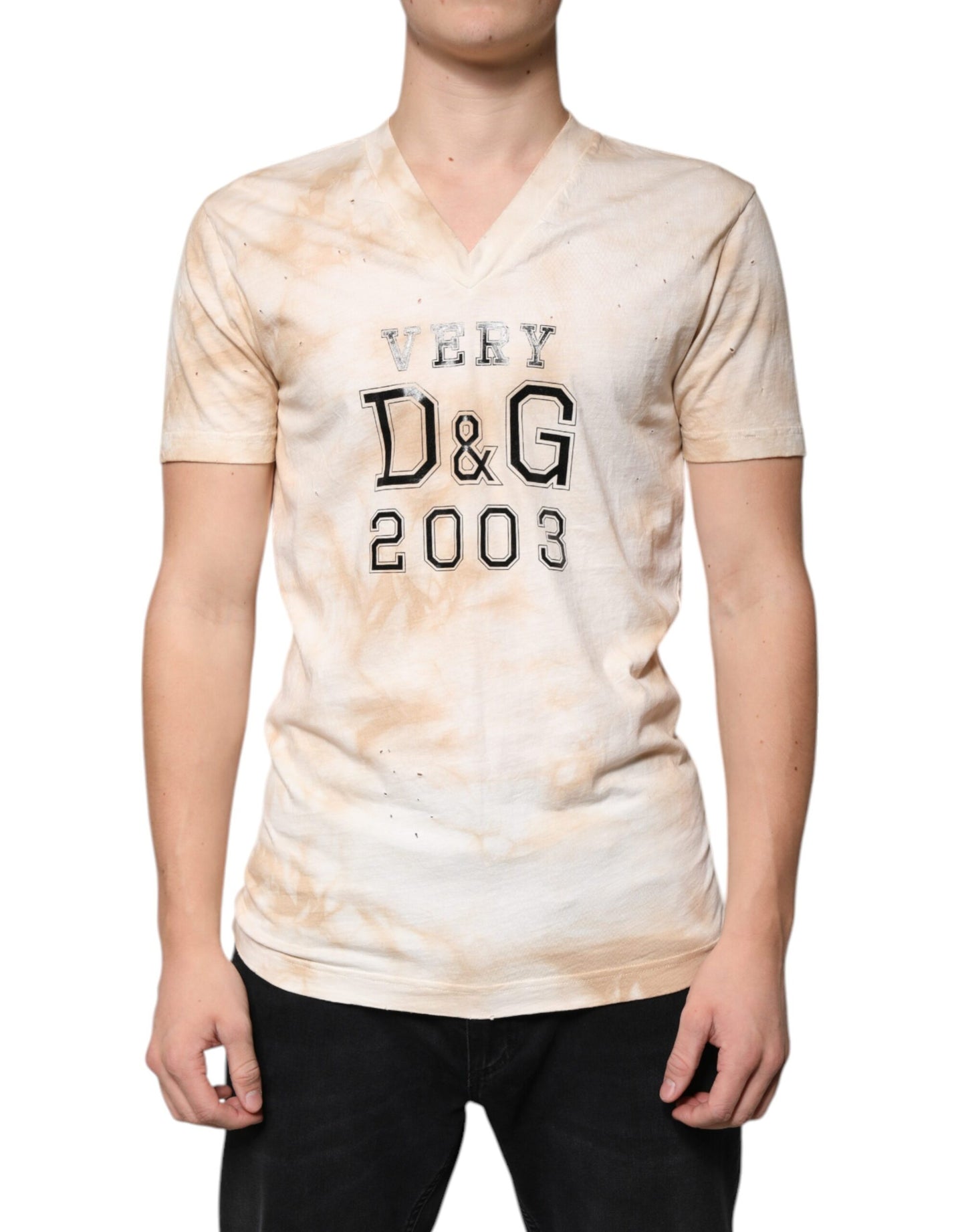 Dolce &amp; Gabbana Beiges Baumwoll-T-Shirt mit V-Ausschnitt und grafischem Print