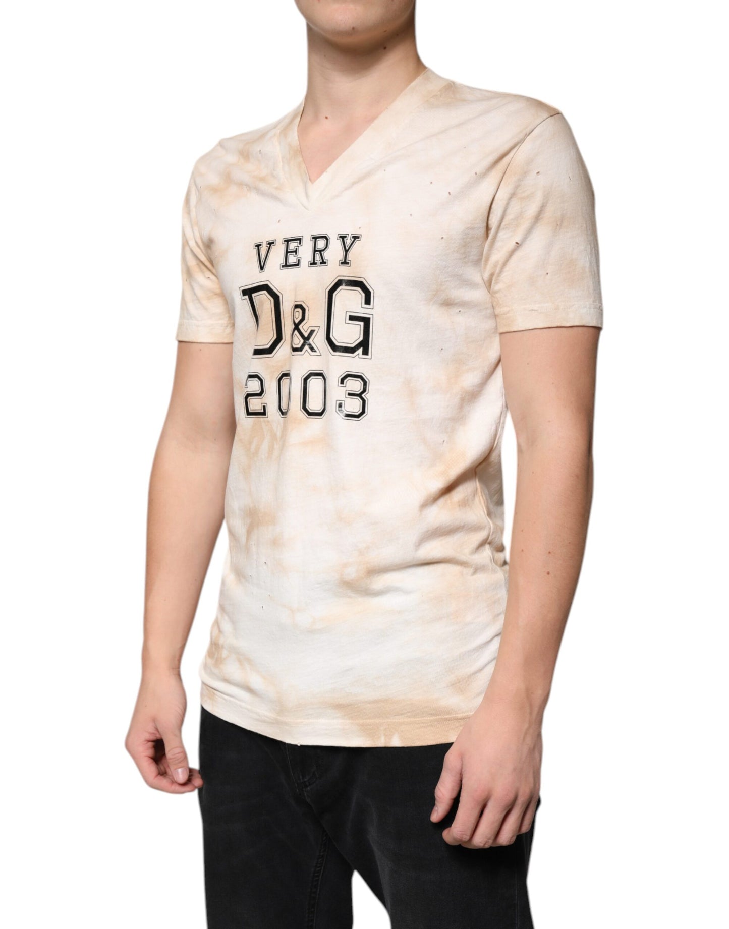 Dolce &amp; Gabbana Beiges Baumwoll-T-Shirt mit V-Ausschnitt und grafischem Print