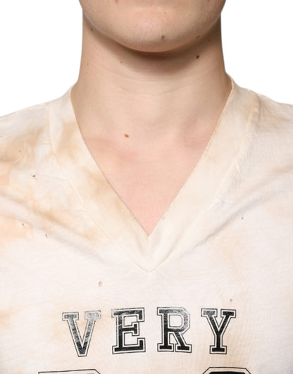 Dolce &amp; Gabbana Beiges Baumwoll-T-Shirt mit V-Ausschnitt und grafischem Print