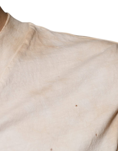 Dolce &amp; Gabbana Beiges Baumwoll-T-Shirt mit V-Ausschnitt und grafischem Print