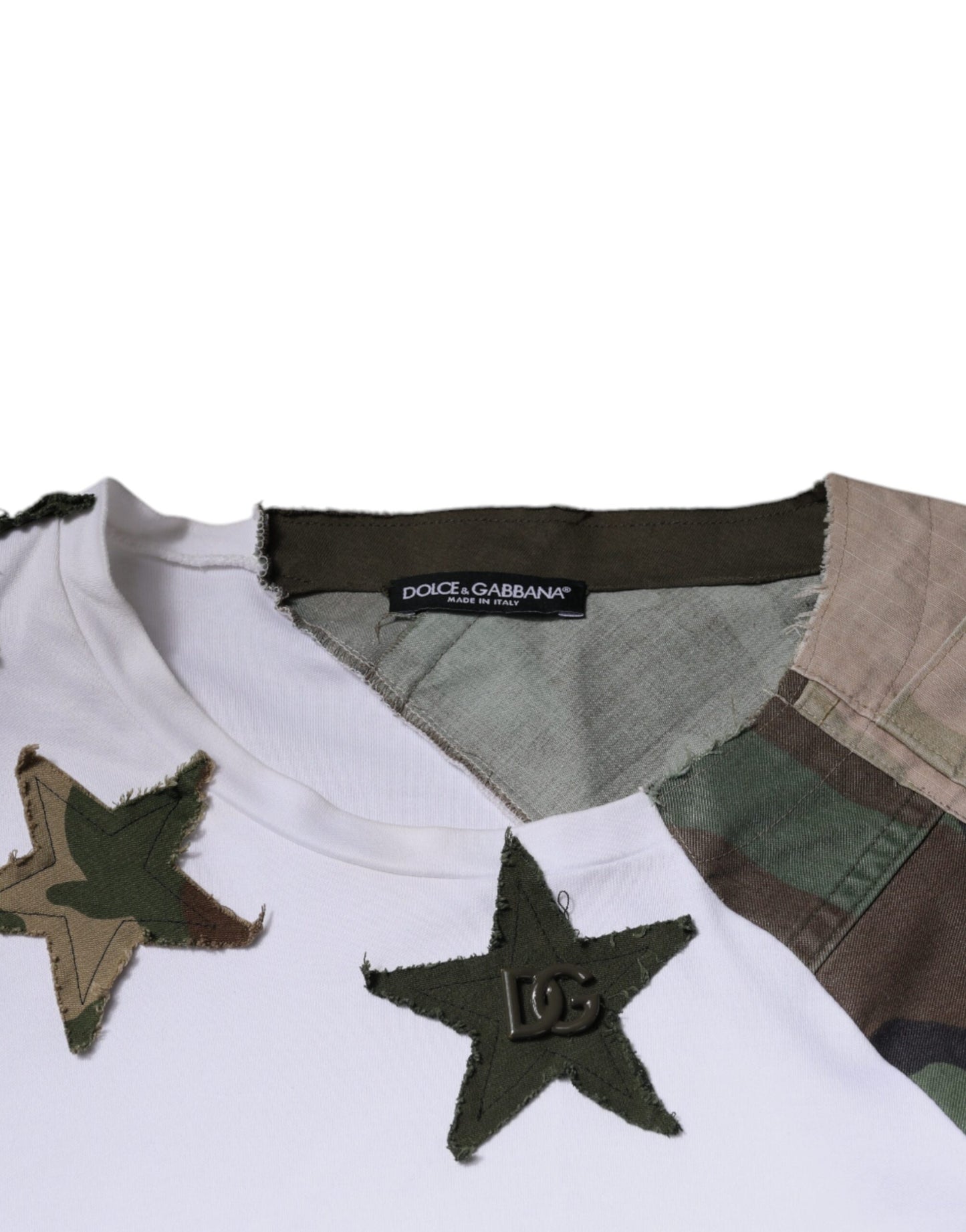 Dolce &amp; Gabbana Weißes Camouflage-T-Shirt aus Baumwolle mit Rundhalsausschnitt