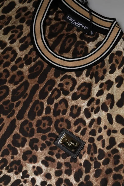 Dolce &amp; Gabbana – Braunes, kurzärmliges T-Shirt mit Rundhalsausschnitt und Leopardenmuster