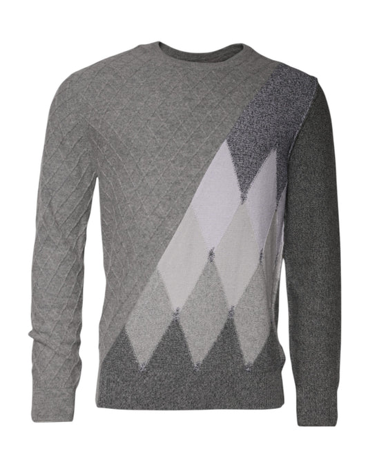 Ballantyne – Grauer Kaschmir-Strickpullover mit Argyle-Intarsienmuster und Rundhalsausschnitt