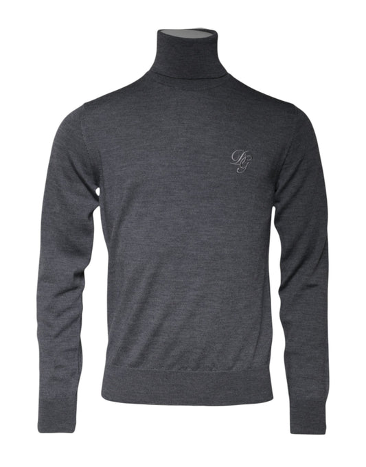 Dolce &amp; Gabbana Grauer Rollkragenpullover aus Wolle mit Logo