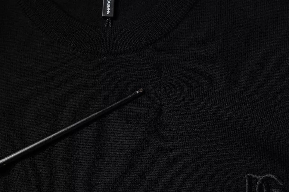 Dolce &amp; Gabbana – Schwarzer Pullover aus Wolle mit Rundhalsausschnitt und Logo