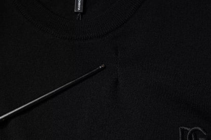 Dolce &amp; Gabbana – Schwarzer Pullover aus Wolle mit Rundhalsausschnitt und Logo