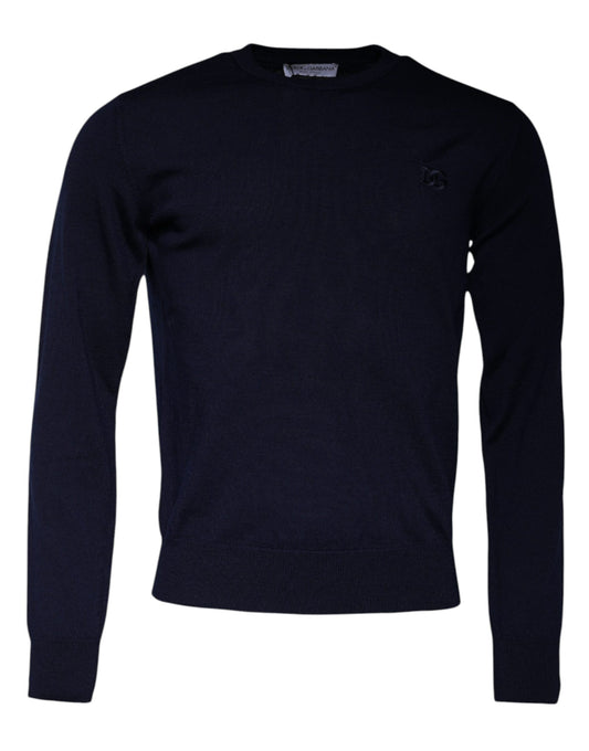 Dolce &amp; Gabbana, blauer Pullover aus Wolle mit Rundhalsausschnitt und DG-Logo