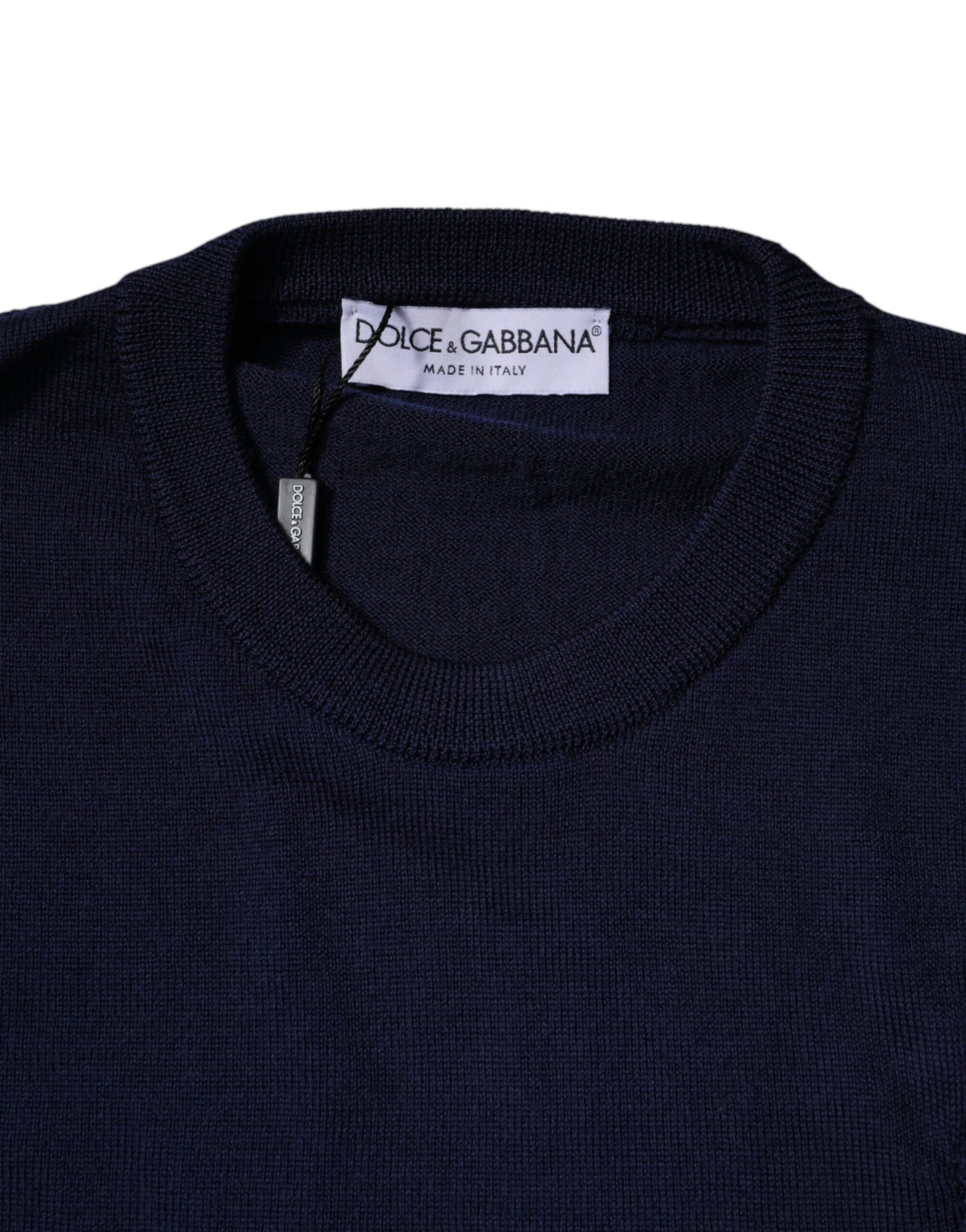 Dolce &amp; Gabbana, blauer Pullover aus Wolle mit Rundhalsausschnitt und DG-Logo